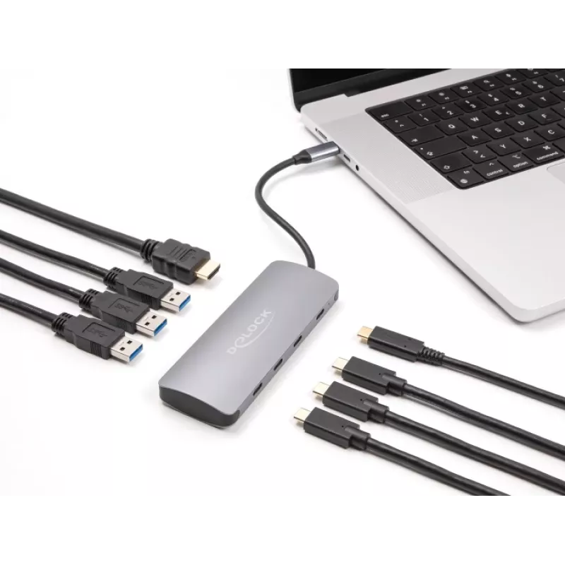 USB-C-keskitin DELOCK 64323 — USB 3.2 Gen 2 Type-C-isäntä, HDMI + 2× USB-A + 2× USB-C, 10 Gbit/s, harmaa