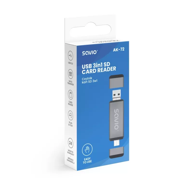SD-kortinlukija 3-in-1, USB-C + USB-A 2.0 + Micro-USB