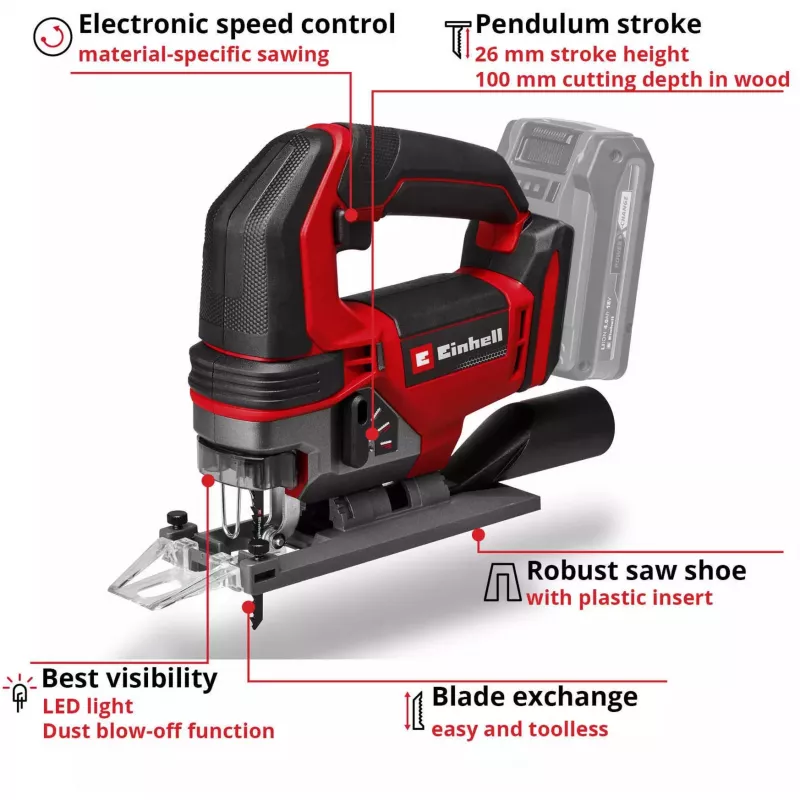 Pistosaha EINHELL TE-JS 18/100 Li Solo — johdoton 18V, malli TE-JS 18/100 Li Solo