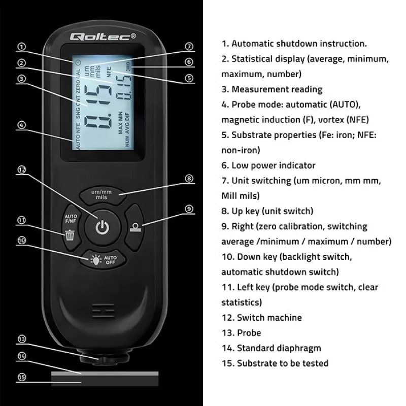 Kerrospaksuusmittari QOLTEC 50646 LCD 0–2000 µm