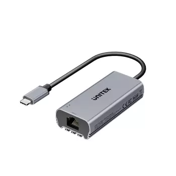 USB-C–RJ45-sovitin Unitek U1343AGY01 — 5 Gbit/s Ethernet, USB-C (uros) – RJ45 (naaras), harmaa, 0,15 m kaapeli