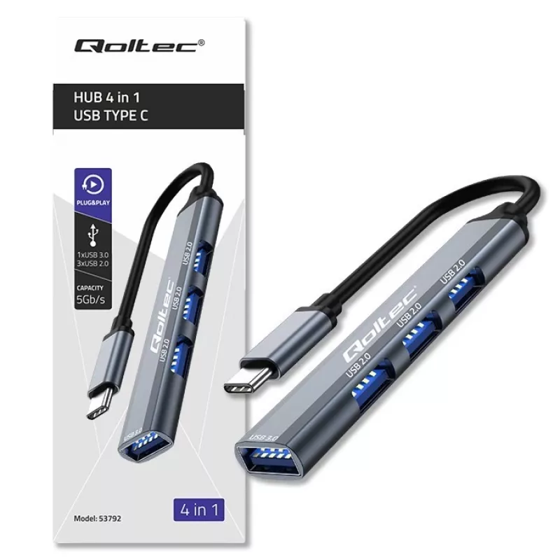 USB-keskitin QOLTEC 53792, USB-C 3.1 4 porttiin (USB 3.0 x1, USB 2.0 x3)
