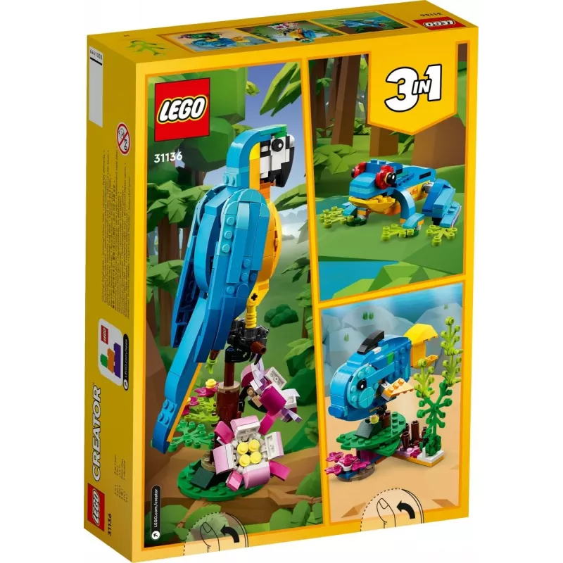 LEGO rakennussarja Exotischer Papagei 31136 — Creator-näyttömalli, 253 osaa, 220×120×110 mm