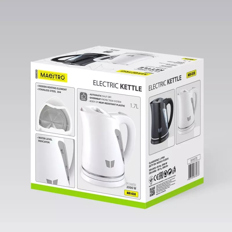 Sähköinen vedenkeitin Maestro MR-038-WHITE, 1,7 L, 2000 W, johdoton, automaattinen virrankatkaisu