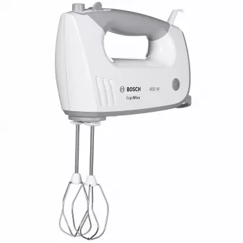 Bosch MFQ36480 -käsivatkain – 450 W, 5 nopeutta turbolla, harmaa/valkoinen, pallovispilä ja taikinakoukut