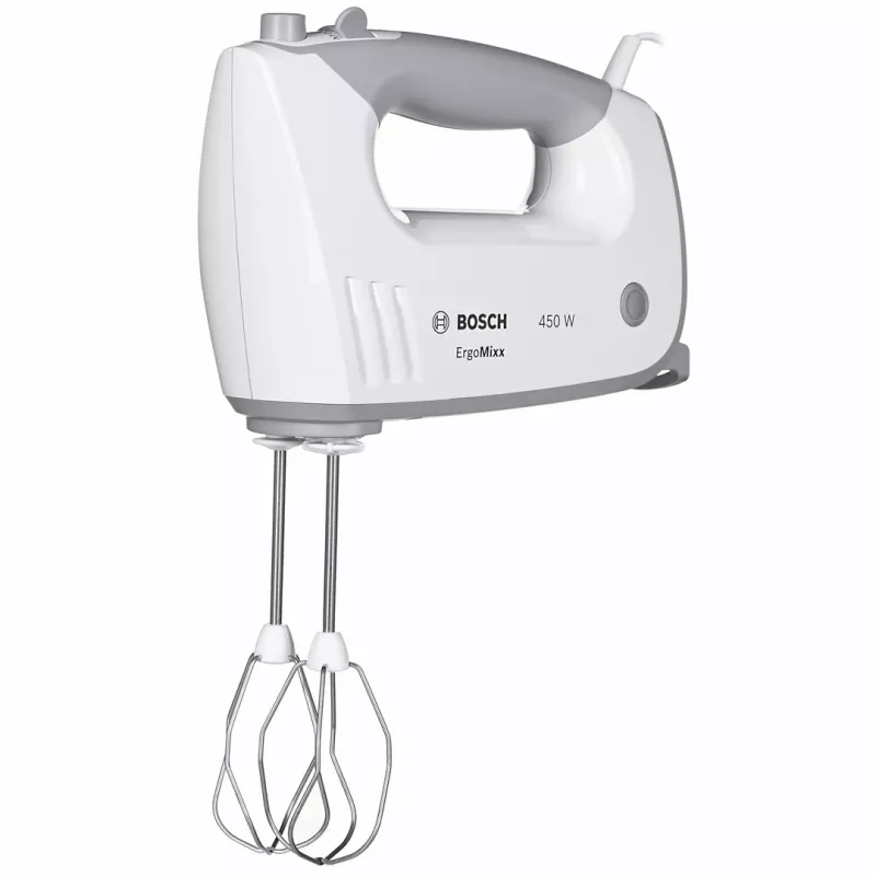 Bosch MFQ36480 -käsivatkain – 450 W, 5 nopeutta turbolla, harmaa/valkoinen, pallovispilä ja taikinakoukut