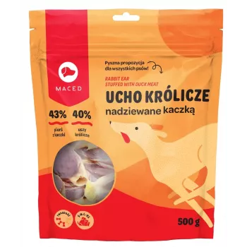 Hampaidenhoitoon tarkoitetut pureskelunauhat MACED ankka ja kaninkorva 500 g — pitkäkestoinen luonnollinen pureskeluherkku, proteiini 50 %, sopii kaikille roduille