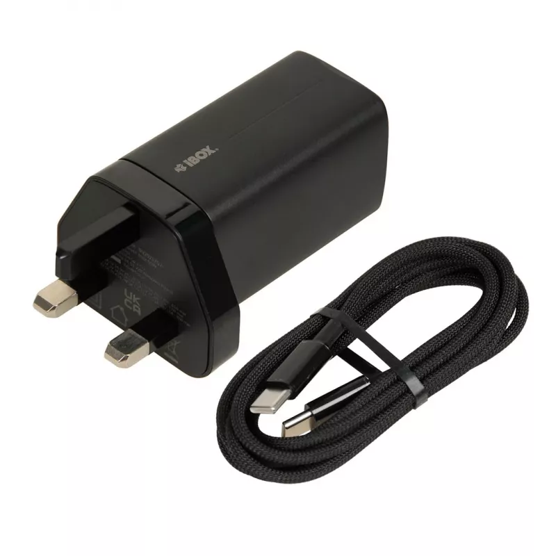 iBOX C-65 musta, yleislaturi GaN 65 W UK-pistokkeella
