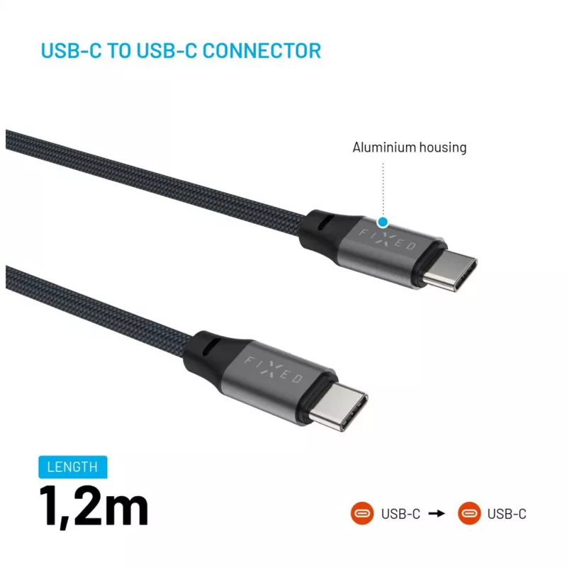 USB-C - USB-C -magneettinen punottu kaapeli FIXED FIXDBM-CC12-GR, USB 2.0, 1,2 m, harmaa