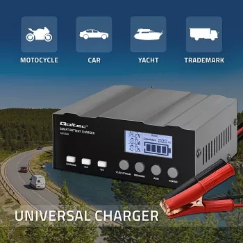 Akkulaturi QOLTEC 52491 mikroprosessori 12V/12,6V/24V LCD-näytöllä