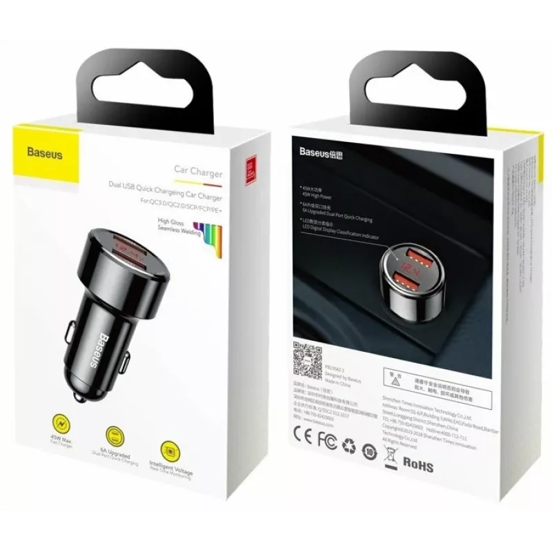 Baseus Magic CCMLC20A-01 autolaturi, 2x USB-A QC 3.0, 45 W, 6 A, jännitenäyttö, musta