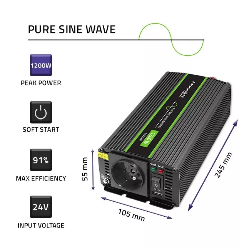 Auton invertteri Qoltec Monolith 1200 W musta 24 V