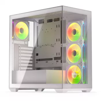 PC-kotelo KRUX Exo RGB valkoinen — ATX Tower, teräs, 2x3,5 tuuman + 2x2,5 tuuman paikkaa, USB-C, RGB