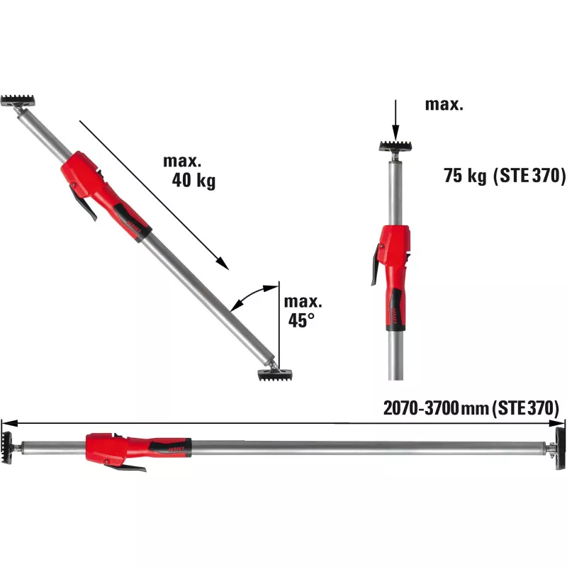 Bessey STE370 katto- ja asennustuki, hopea/punainen, 2070-3700 mm, pumppukahvalla