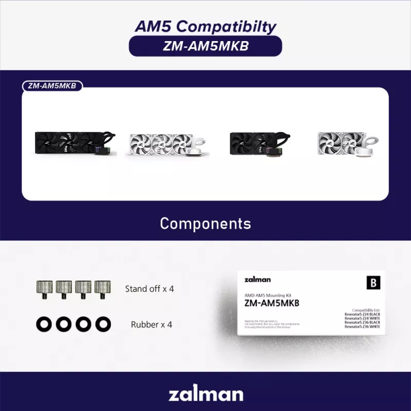 Asennussarja ZALMAN ZM-AM5MKB AMD-prosessoreille, kantayhteensopivuus AM5/AM4-emolevyille
