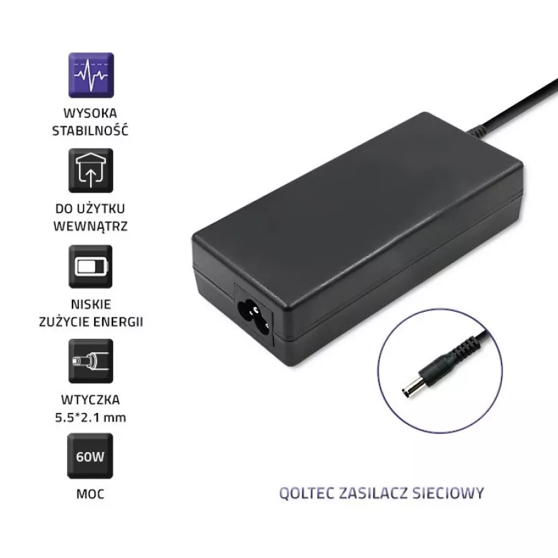 Qoltec 50797 pöytävirtalähde 60 W, 12 V, 5 A, 5,5x2,1 mm, virtajohdolla
