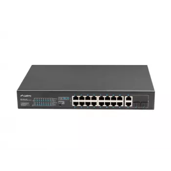 Hallitsematon kytkin LANBERG RSFE-16P-2C-150 — 18-porttinen Gigabit, 16 PoE+/2 SFP, 150 W yhteensä, 1U telakointi, metalli, musta