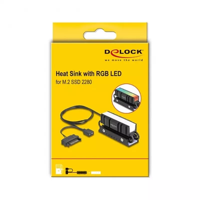Jäähdytyssiili DELOCK 18460 M.2 SSD 2280 — alumiini/kupari, RGB 5V, musta