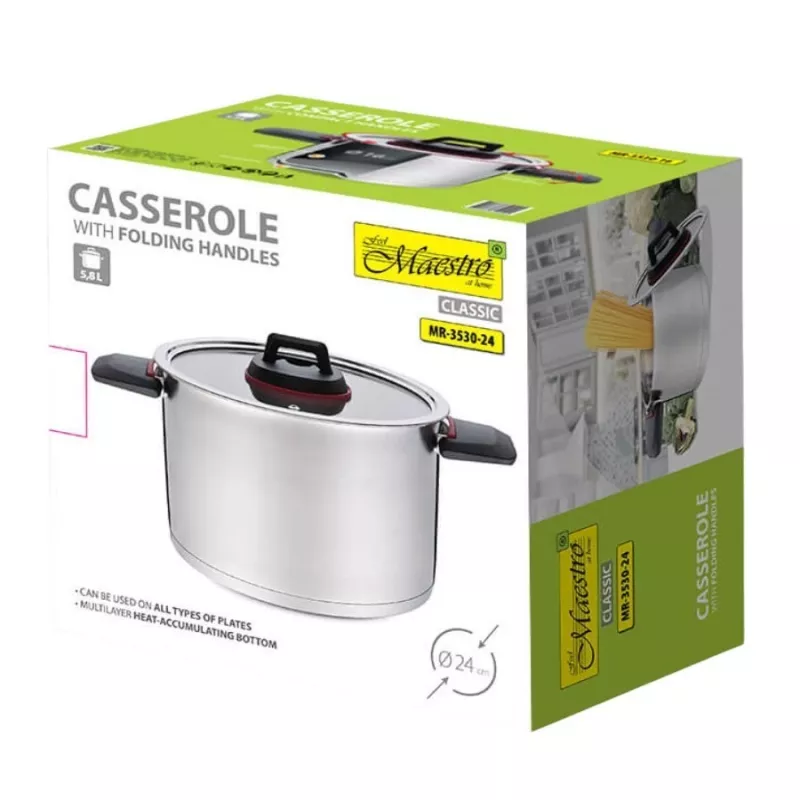 Maestro MR-3530-24 kattila ruostumaton teräs 24 cm, 5,5 L, taittuvat kahvat, lasikansi