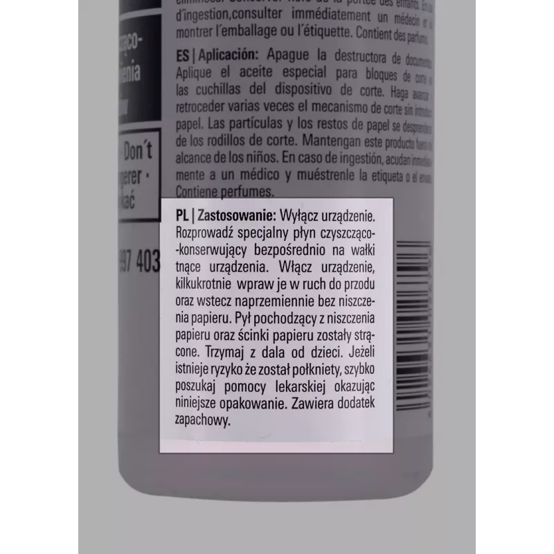 HSM 1235997403 asiakirjasilppurin leikkuuyksikön puhdistus- ja voiteluöljy, 250 ml