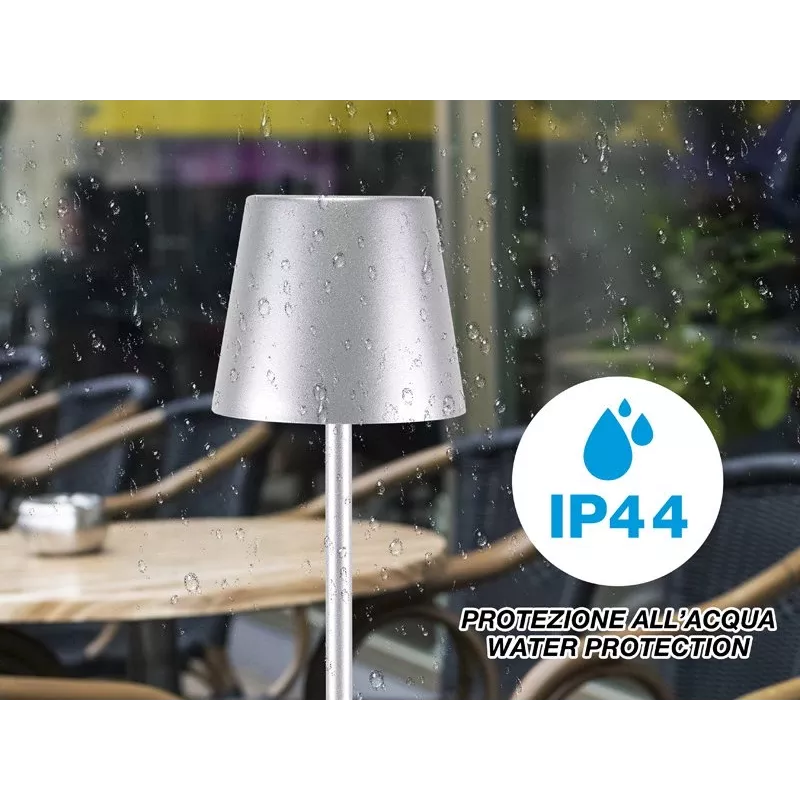 Beper P201UTP117 ladattava LED-pöytävalaisin, 1,5 W, kosketuskytkin, himmennettävä, 33 mm pullosovitin, vedenkestävä, hopea
