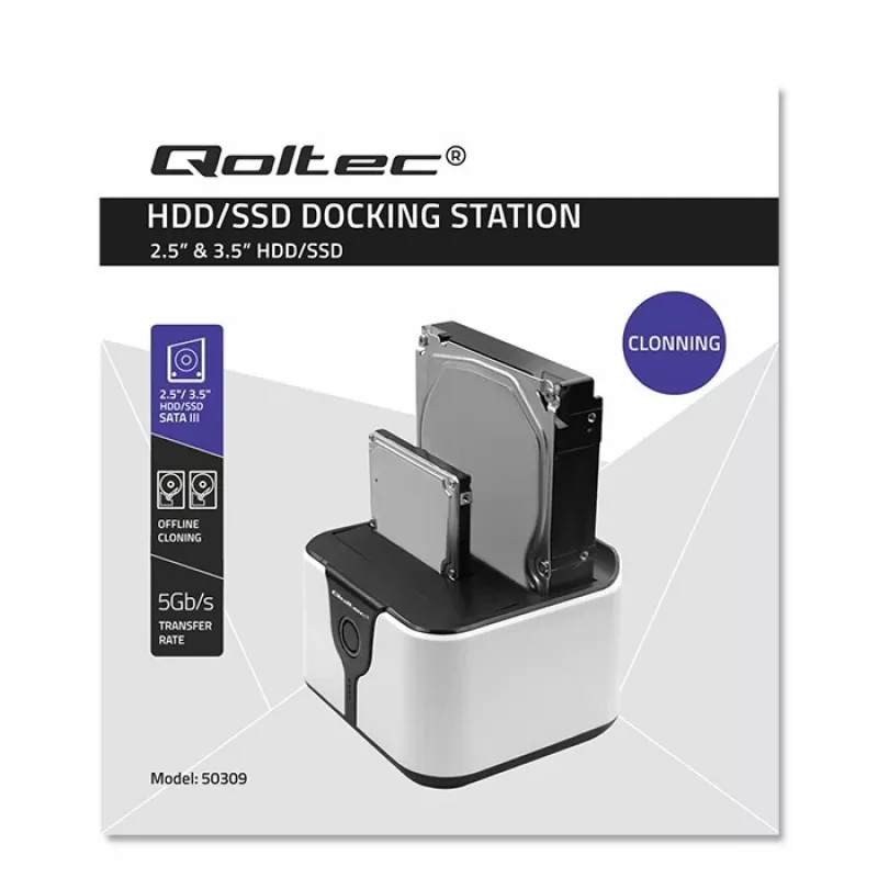 Qoltec 50309 HDD SSD 2.5 3.5 telakointiasema | SATA III | USB 3.0 | Super Speed 5 Gb/s | kloonaustoiminnolla