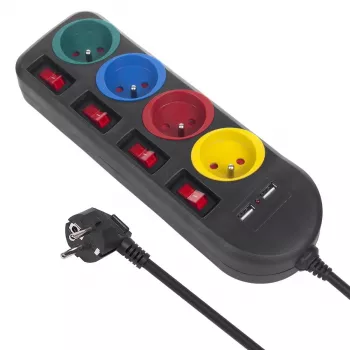Jatkojohto MACLEAN MCE229B — 4 AC-pistorasiaa, 2× USB-A, 1,5 m kaapeli, 10 A, Type F, sisäkäyttöön, musta