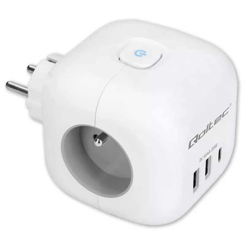 Jatkojohto QOLTEC 52548 3× AC-pistorasialla ja USB-liitännällä
