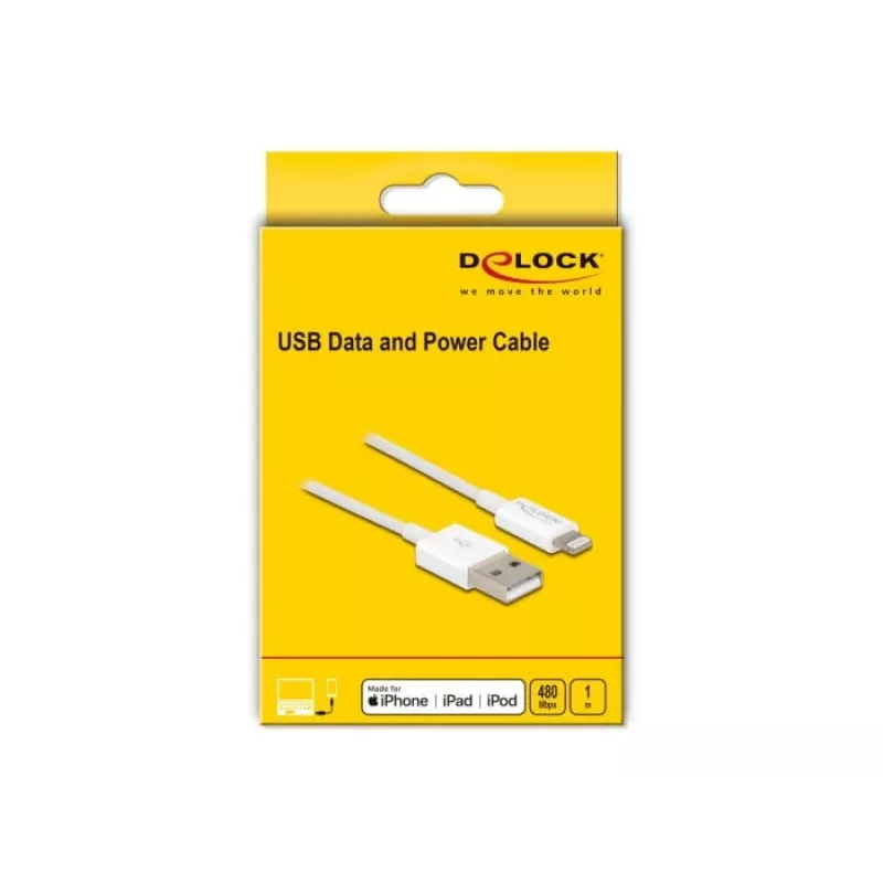 USB-data- ja latauskaapeli DeLOCK 83000 iPhone iPad iPod valkoinen 1 m
