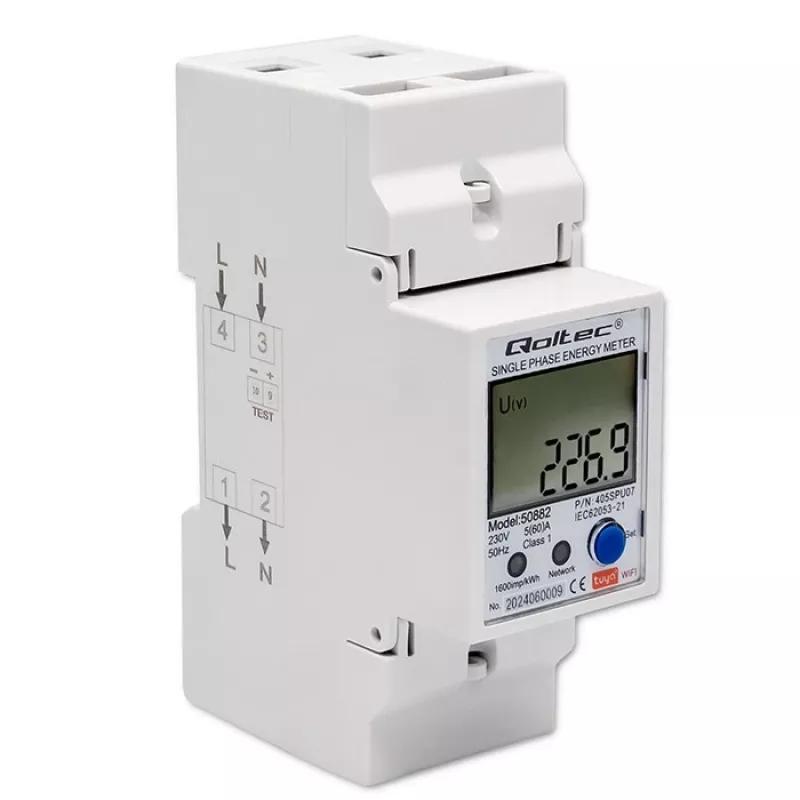 Qoltec 50882 yksivaiheinen elektroninen energiankulutusmittari DIN-kiskoon | Wi-Fi | TUYA | 230V | LCD