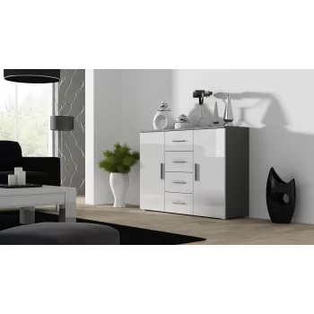 Sideboard Cama Meble UNI harmaa/valkoinen korkeakiilto, 2 ovea, 2 hyllyä, 1320×380×920 mm