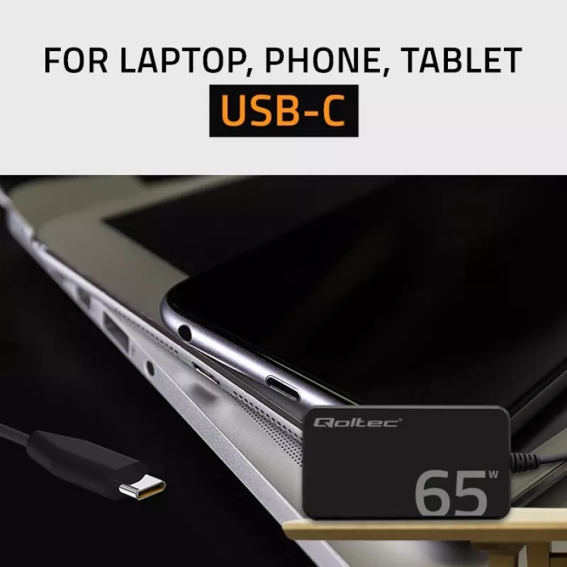 QOLTEC laturi 65W GaN Super Fast ohut PD 5-20V 3,25A USB-C