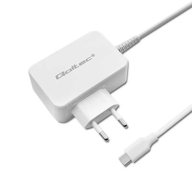 Qoltec 51039 65 W USB-C PD -virtalähde, 5–20,3 V, 2–3,25 A, sisäänrakennettu USB-C-kaapeli, valkoinen