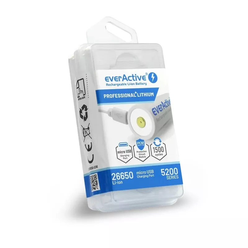 Ladattava akku everActive EV26650-52M 3,7V 5200mAh Micro-USB-lataustoiminnolla