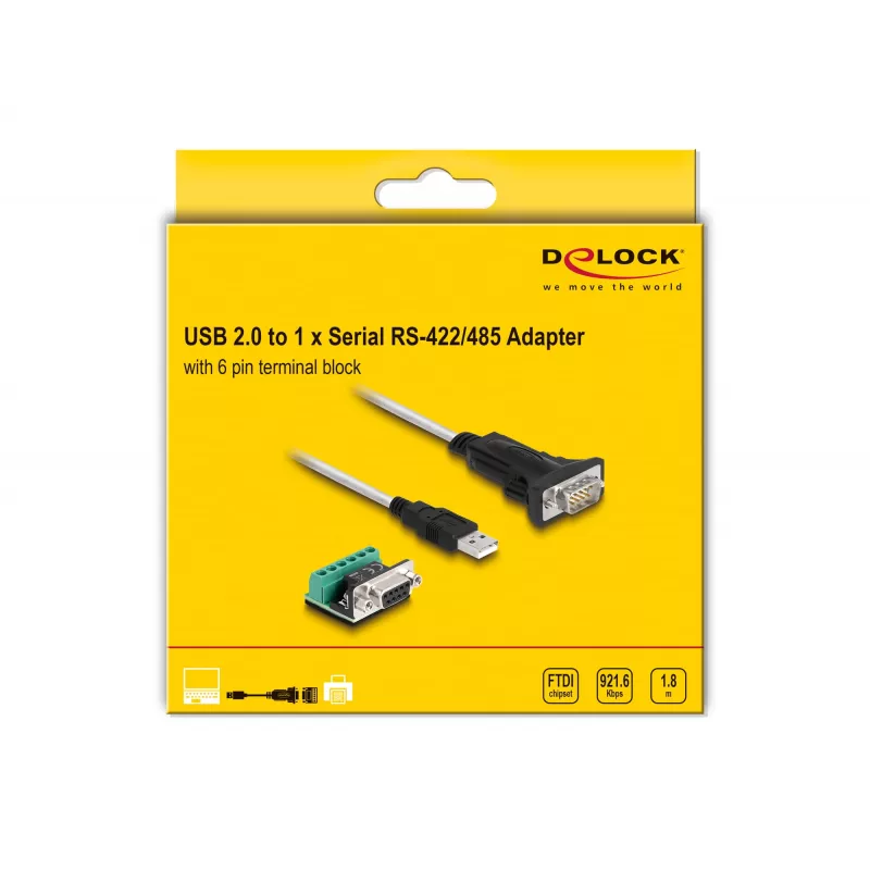 DeLOCK 63465 USB 2.0 Type-A - sarja RS-422/485 -sovitin, 6-napainen liitinlohko, 1,8 m, musta/läpinäkyvä