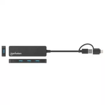 Manhattan USB-C & USB-A yhdistelmätelakka/keskitin, portit (4): USB-A (x4), 5 Gbit/s (USB 3.2 Gen1 eli USB 3.0), USB-virralla toimiva (ei erillistä virtalähdettä tarvita)