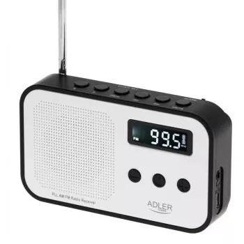Kannettava digitaaliradio Adler AD 1907 — UKW/MW, digitaalinen viritin, herätyskello, USB-C, 600 mAh akku, LCD, 20 kanavamuistia, teleskooppiantenni