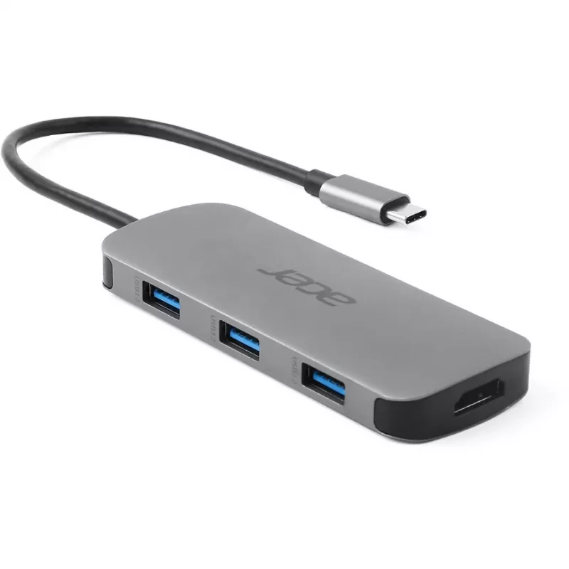 7-in-1 USB-C-adapteri Acer — USB 3.2 Gen 1 Type-C, 3x USB-A, HDMI, SD/MicroSD, 100W PD, hopea