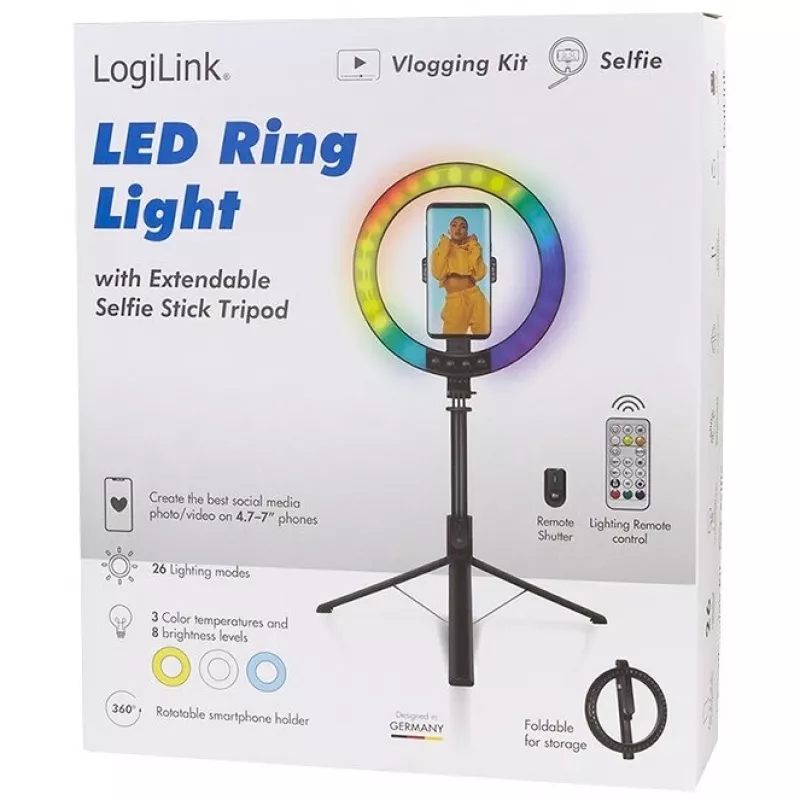 LogiLink älypuhelimen rengasvalo selfie-tikun jalustalla, DM 20cm (AA0156)