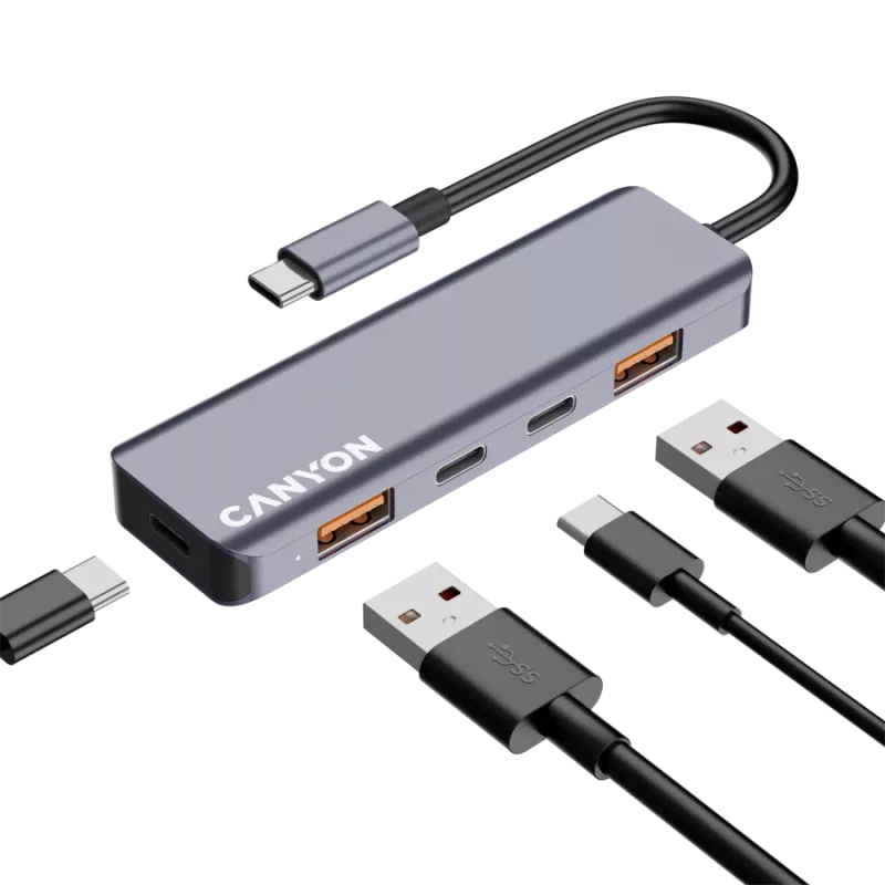 Canyon DS-18 - USB-C-keskitin - 5 porttia - 1x USB-C 5V DC lataus - 2x USB-C - 10 Gbit/s - 2x USB 3.2