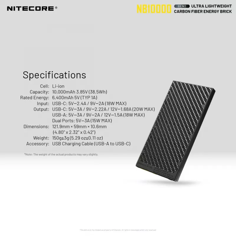 Kannettava varavirtalähde Nitecore NB10000 — 10000 mAh, USB‑A + USB‑C, 38 W kokonaisteho, harmaa