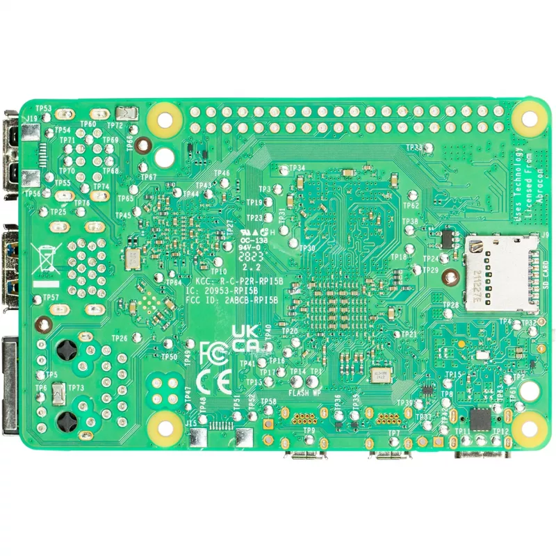 Yhden piirilevyn tietokone Raspberry Pi 5 kehitysalusta — 2400 MHz Arm Cortex-A76, jopa 16 GB LPDDR4x, MicroSD, USB 3.2, Wi‑Fi 5