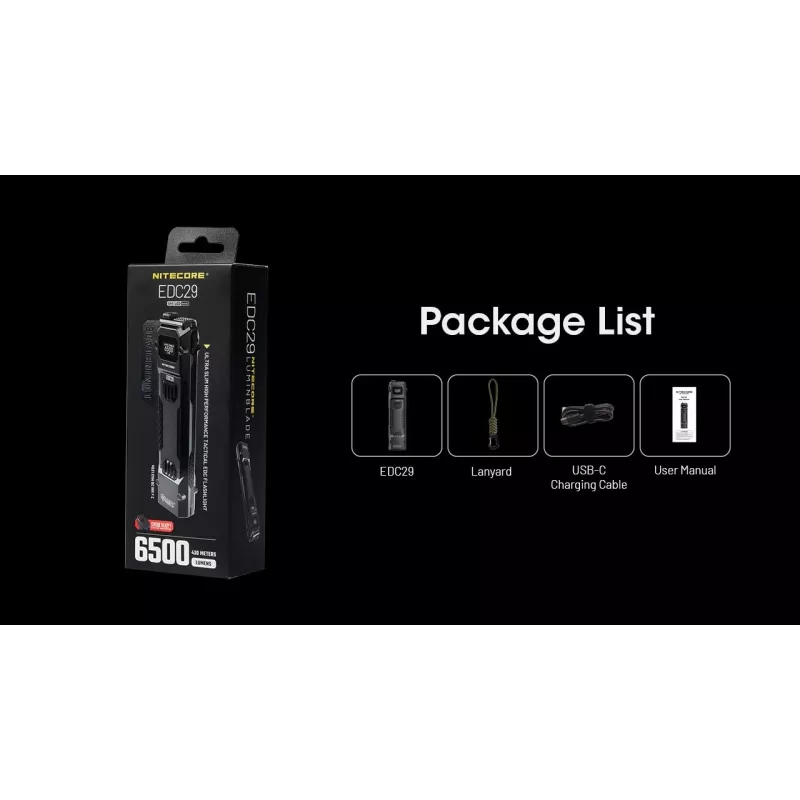 Käsivalaisin Nitecore EDC29 ruostumaton teräskotelo, 2 LEDiä, 15–6500 lm, IP54, USB ladattava