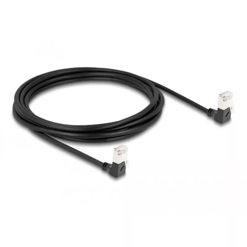 DeLOCK RJ45 verkkokaapeli Cat.6A S/FTP ohut 90° alaspäin kulma 3m musta