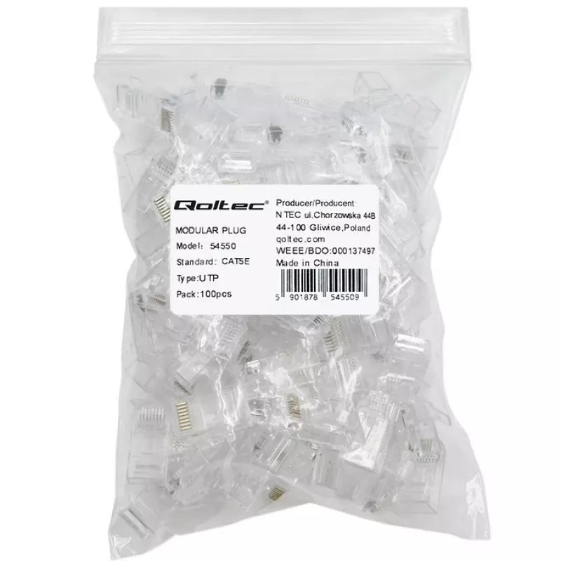 Modulaarinen RJ45-liitin QOLTEC 54550 CAT5e UTP, 100 kpl:n pakkaus