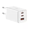 Seinälaturi Baseus GaN5 Pro 65W — USB + 2×USB-C (QC3.0, PD3.0) 1m USB-C-kaapelilla, valkoinen