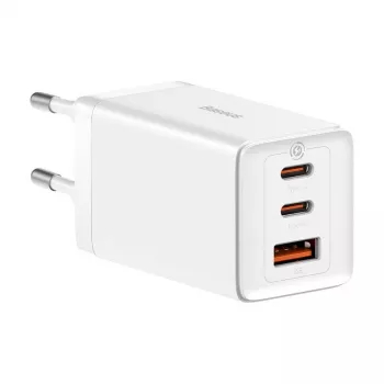 Seinäverkkovirtalaturi Baseus GaN5 Pro 65W — USB + 2×USB-C (QC3.0, PD3.0) 1m USB-C-kaapelilla, valkoinen