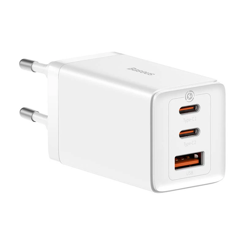 Seinälaturi Baseus GaN5 Pro 65W — USB + 2×USB-C (QC3.0, PD3.0) 1m USB-C-kaapelilla, valkoinen