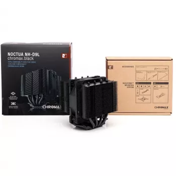 CPU-jäähdytin Noctua NH-D9L CHROMAX.Musta — 92 mm:n tuuletin, 400–2000 kierr./min, 22,6 dB, mitat 95×95×110 mm, paino 531 g