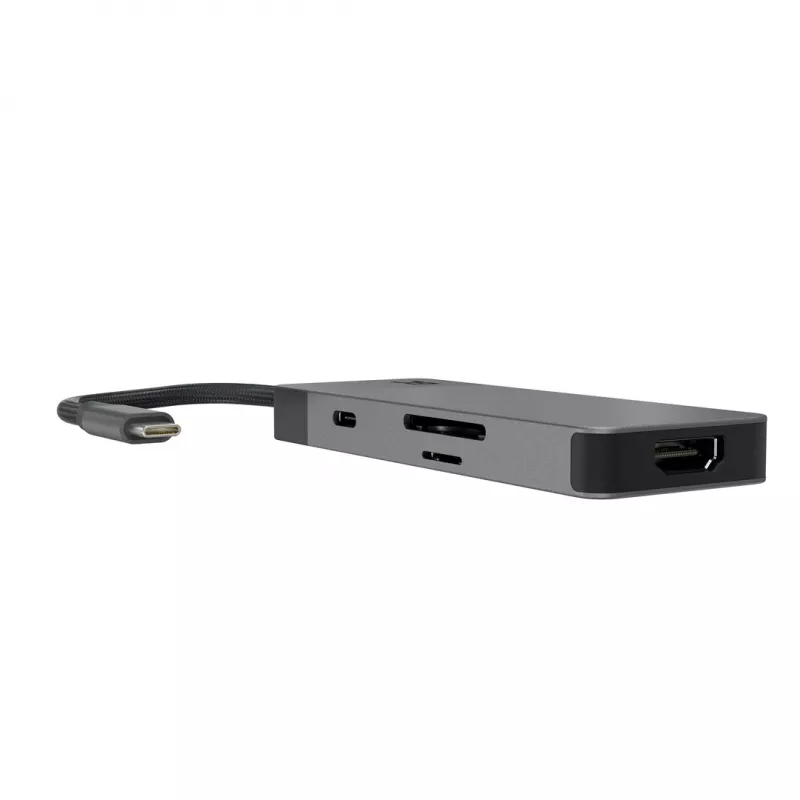 USB Type-C -keskitin Green Cell HUBGC01 — 7 liitäntää: 3×USB‑A 3.2 Gen 1, 1×USB‑C 3.2 Gen 1, HDMI, microSD+SD-kortinlukija — hopea